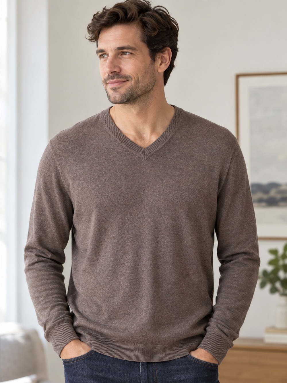 Banana Republic Men’s Large Brown Silk Cashmere V-Neck Sweater Lightweight